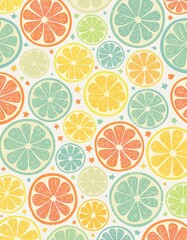 Vibrant wallpaper featuring a pattern of sliced citrus fruits—lemons, oranges, limes, and grapefruits—in cross-section