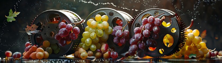 A beautiful close up of a bunch of grapes on a film reel with water drops.