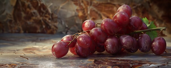 Photo of red grapes on a marble table. The grapes are ripe and juicy, and the marble table is cool and smooth. The light in the photo is soft and natural.