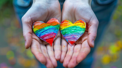 Rainbow heart drawing on hands, LGBTQ love symbol, gay couple hand in hand, lovers Stock Photo photography