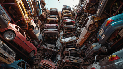 A dump of old rusty multicolored cars. Cars are piled on top of each other, some of them are crushed. The scene is chaotic and disorganized