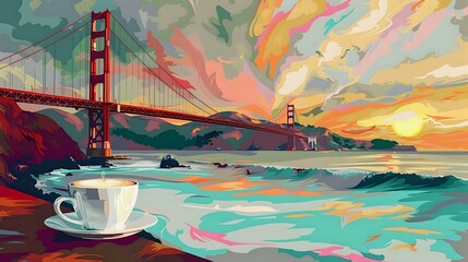 Golden Gate Bridge Wallpaper: Vibrant Surf Culture and Coffee Imagery Blend