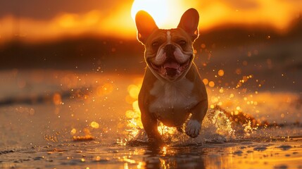 A pet bulldog gracefully runs through the water at sunset, creating a beautiful and serene scene. Funny animals