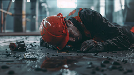 A worker suffered a head injury at a construction site. An accident at work. A man in a red helmet is lying on the ground