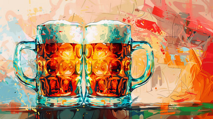 Two beer mugs clinking in a colorful, abstract art style.