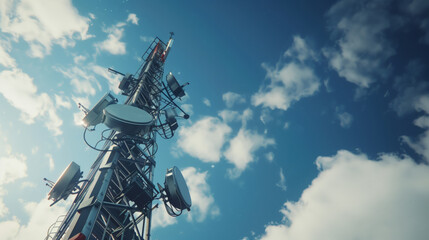 Telecommunications tower on a background of blue sky with white clouds. A tall tower with many antennas on top