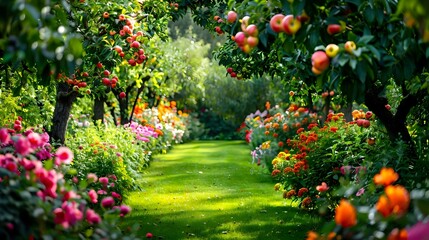 Flower-Filled Garden: Colorful Blossoms, Apple Trees, Green Grass Glade