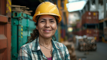 portrait of construction female worker mature woman with helmet