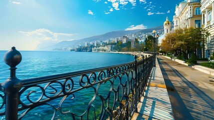 Yalta City Embankment: Clear Blue Waters, Boulevard, Buildings Along Promenade