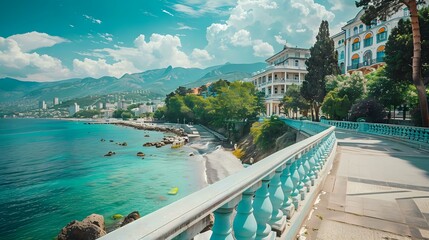 Embankment in Yalta: Clear Blue Waters, Boulevard, Buildings Along Promenade