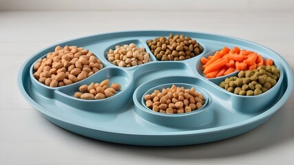 Elegant cat food tray created for the best possible pet mealtime. This elegant tray encourages cats to develop complex and nutrient-dense feeding habits by having distinct sections for vegetables, dry