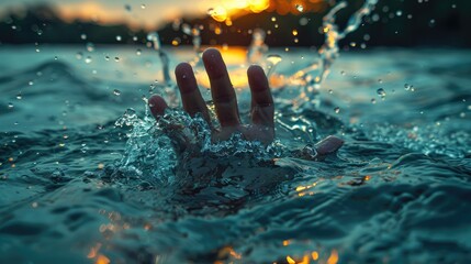 Drowning sinking African American man in sea problems water asking for help with raised arm. Trapped emotions depicted or work overpressure human in danger natural disaster sos concept - Powered by Adobe