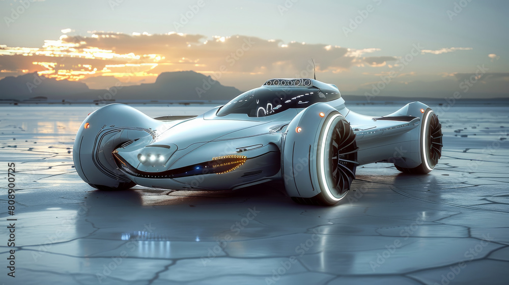 Poster body design the vehicle will feature a futuristic and stylish body design. combining shiny metallic 