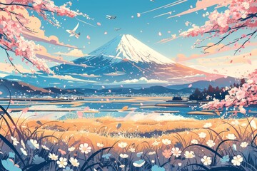 A flat illustration of the Mount Fuji landscape with cherry blossoms, surrounded by ocean waves and traditional Japanese patterns. The background uses a pastel color palette