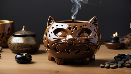 A brown ceramic cat-shaped incense burner with a hole in the top and cutouts in the front for the...