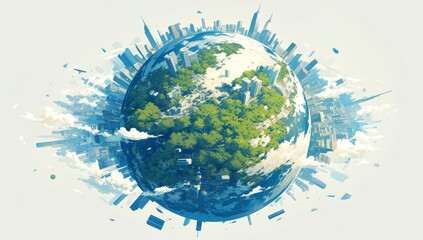 A floating green planet with buildings and trees, with an illustration of the cityscape on it. 