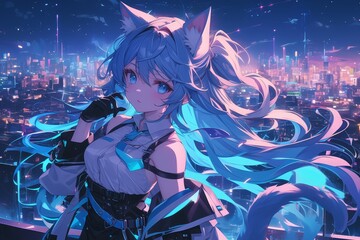 Anime catgirl wearing a black skirt and white top, with blue eyes and blonde hair, and glowing purple light effects around her against a city backgroun