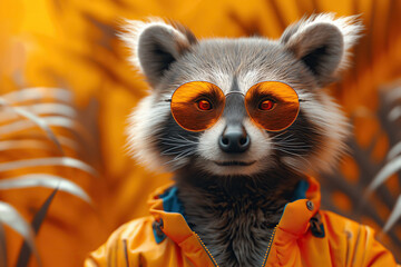 A Raccoon with Artistic Flair Posing in a Vivid Orange Jacket, Complemented by Matching Round Sunglasses Amidst Autumn Hues