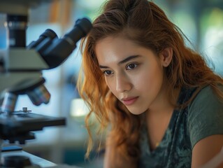 A woman with long red hair is looking through a microscope. She is wearing a green shirt and she is focused on her work - Powered by Adobe