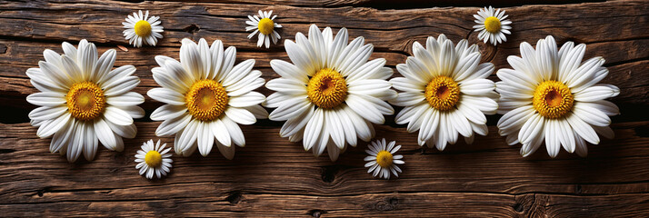Obraz premium Pristine White Daisies Arranged Elegantly on Aged Wooden Planks, Creating a Contrast Between Delicate Beauty and Rustic Charm