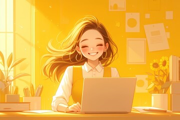 A girl is sitting at her desk, working on the laptop in front of her and smiling happily. The illustration is in a flat style with simple design and lines. 