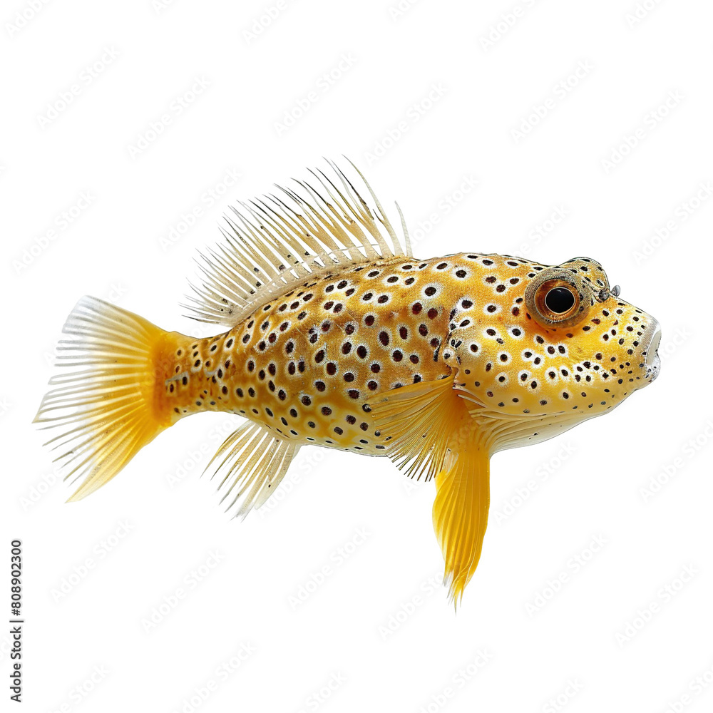 Wall mural side view of a golden pufferfish swimming isolated on a white transparent background