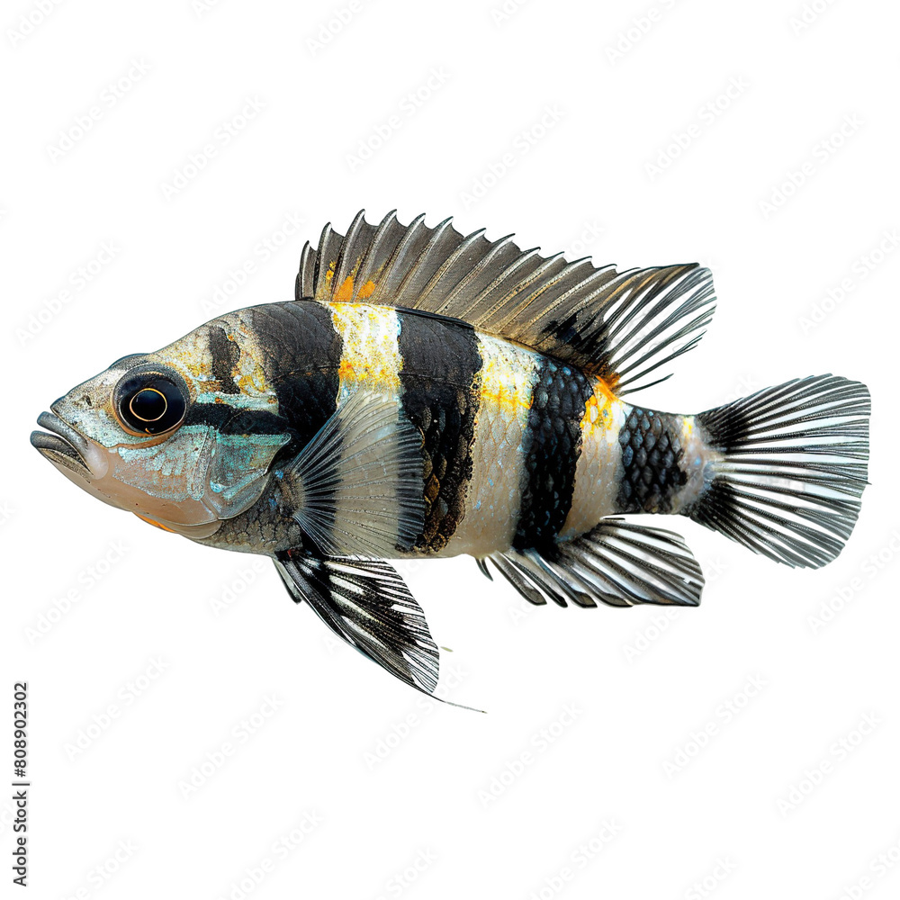 Wall mural Side view of a frontosa cichlid swimming isolated on a white transparent background - Wall murals