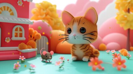 A 3D Kawaii cat and a mouse becoming best friends in a colorful world.