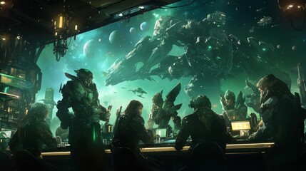 A group of space explorers in a bar, discussing their next mission.
