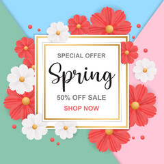 spring Banner flower frame, paper cut spring flowers background, flyers, invitation, posters, brochure, voucher discount.