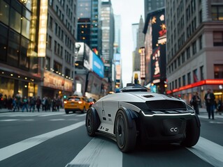 A self-driving car is driving down a city street. The car is surrounded by a large crowd of people,...
