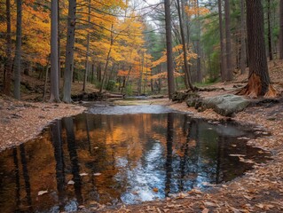 A pond in a forest with leaves on the ground. The water is still and calm. The trees are in shades of orange and yellow