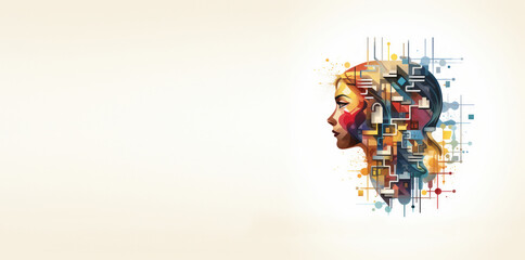 Abstract portrait of young adults in mosaic shape. Thinking female head. Flat modern design illustration.