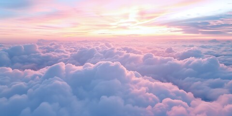 A view looking out the window of an airplane, showcasing a sky filled with cotton candy-like clouds