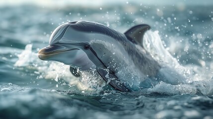 A dolphin with its dorsal fin out of the liquid in the ocean