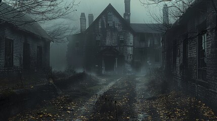 Halloween concept of haunted village dark and foggy scary atmosphere. Generative AI.