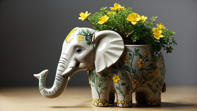 A ceramic elephant planter with yellow flowers sits on a wooden surface against a grey background.