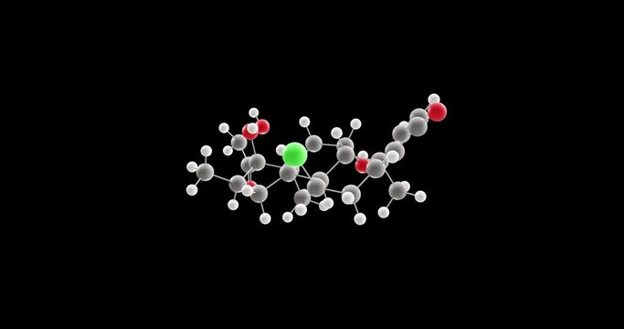Alclometasone molecule, rotating 3D model of synthetic corticosteroid, looped video on a black background