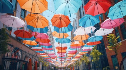 Rows of colorful hanging umbrellas above a street sidewalk with tall trees. Red, yellow, blue, orange, green fabric backlit by sky light