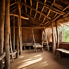 walls and structural supports of the hut are made of wooden poles,horizontal, lifestyles, no people, nostalgia, photography, window, color image, history, old-fashioned,generate ai