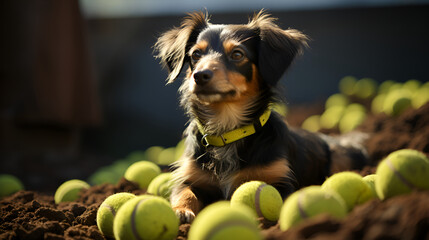 Cute dark dachshund with tennis balls generated AI
