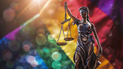Statue of Justice - symbol of law and justice with lgbt flag. Lgbt rights and law Stock Photo photography