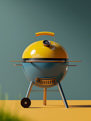 3d icon of a yellow & blue kettle bbq, flat icon style with blue pastel tones, summer time, bbq, backyard, barbecue, bar-b-q.