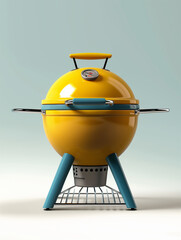 3d icon of a yellow kettle bbq, flat icon style with blue pastel tones, summer time, bbq, backyard, barbecue, bar-b-q.