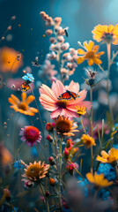 Vibrant Macro Shot of Insects Pollinating Wildflowers: Illustrating the Critical Role of Pollinators in Ecosystem - Photorealistic Insect Life Concept