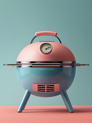 3d icon of a pink kettle bbq, flat icon style with blue pastel tones, summer time, bbq, backyard, barbecue, bar-b-q.