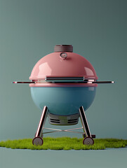3d icon of a pink & blue kettle bbq, flat icon style with blue pastel tones, summer time, bbq, backyard, barbecue, bar-b-q.