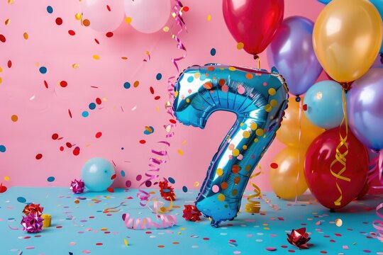 balloon in a shape of number seven on pink background for birthday celebration