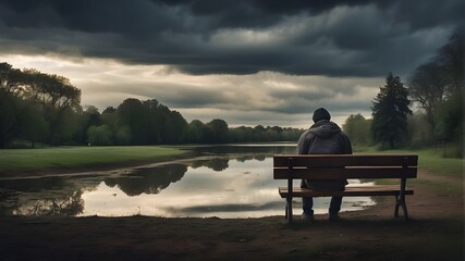 A lone individual is sitting in reflection or melancholy on a wooden park bench in the peace and quiet of an abandoned park beneath a dark, cloudy sky.