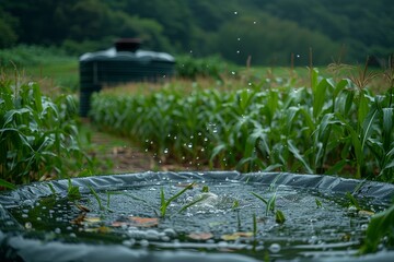 Image capturing the beauty of rain shower in a corn field with blurred water tank structure in the background